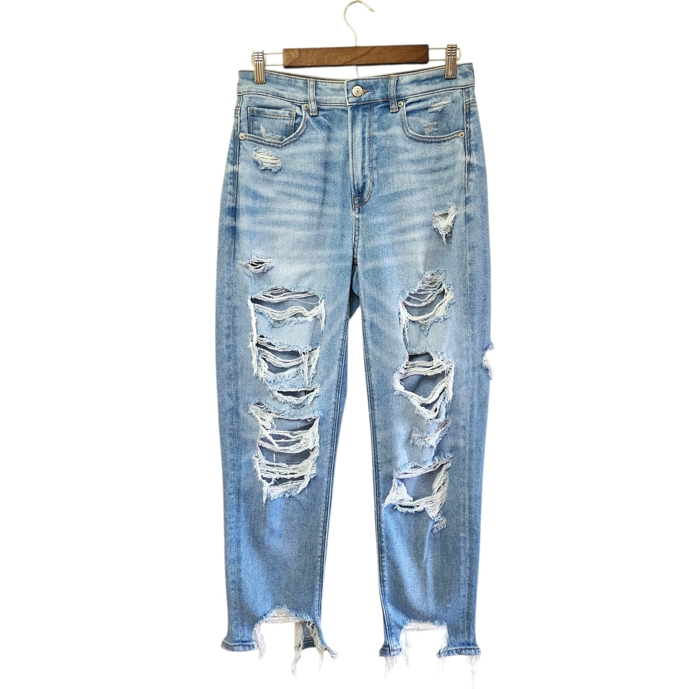 American Eagle Distressed Mom Jean Light Wash Stretch Cotton Size 6
